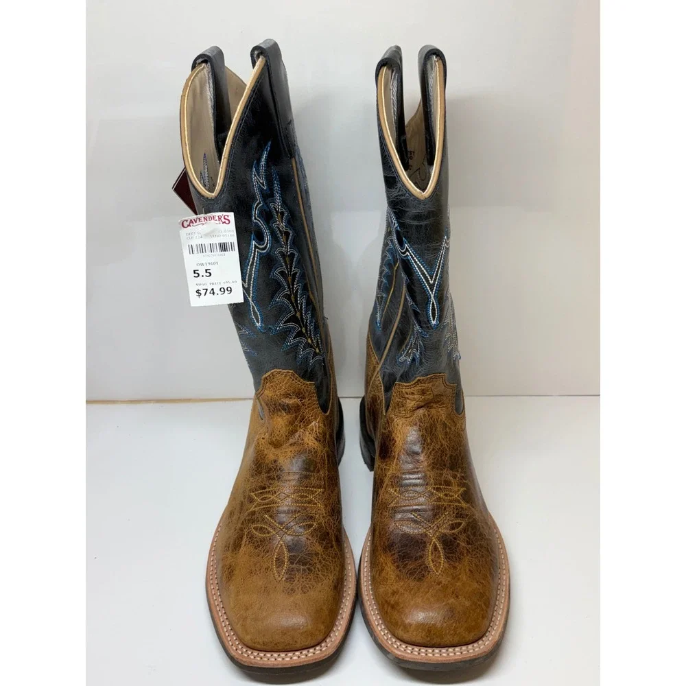 Old West BSY1960 Youth Cowboy Boots Burnt Tan Navy Blue Wide Square Toe 5.5 D